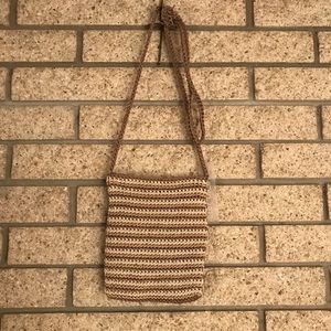 Light brown and white striped crocheted bag